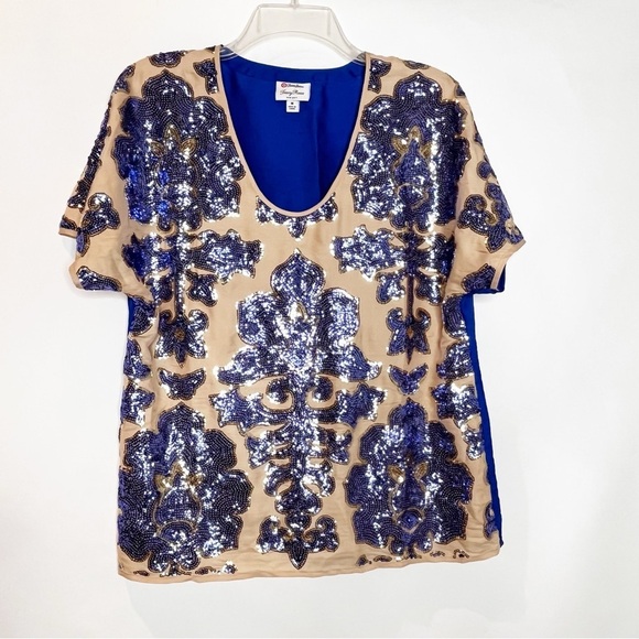 Tracy Reese Neiman Marcus | Glamours Sequined Blue Tan Blouse - Picture 2 of 5